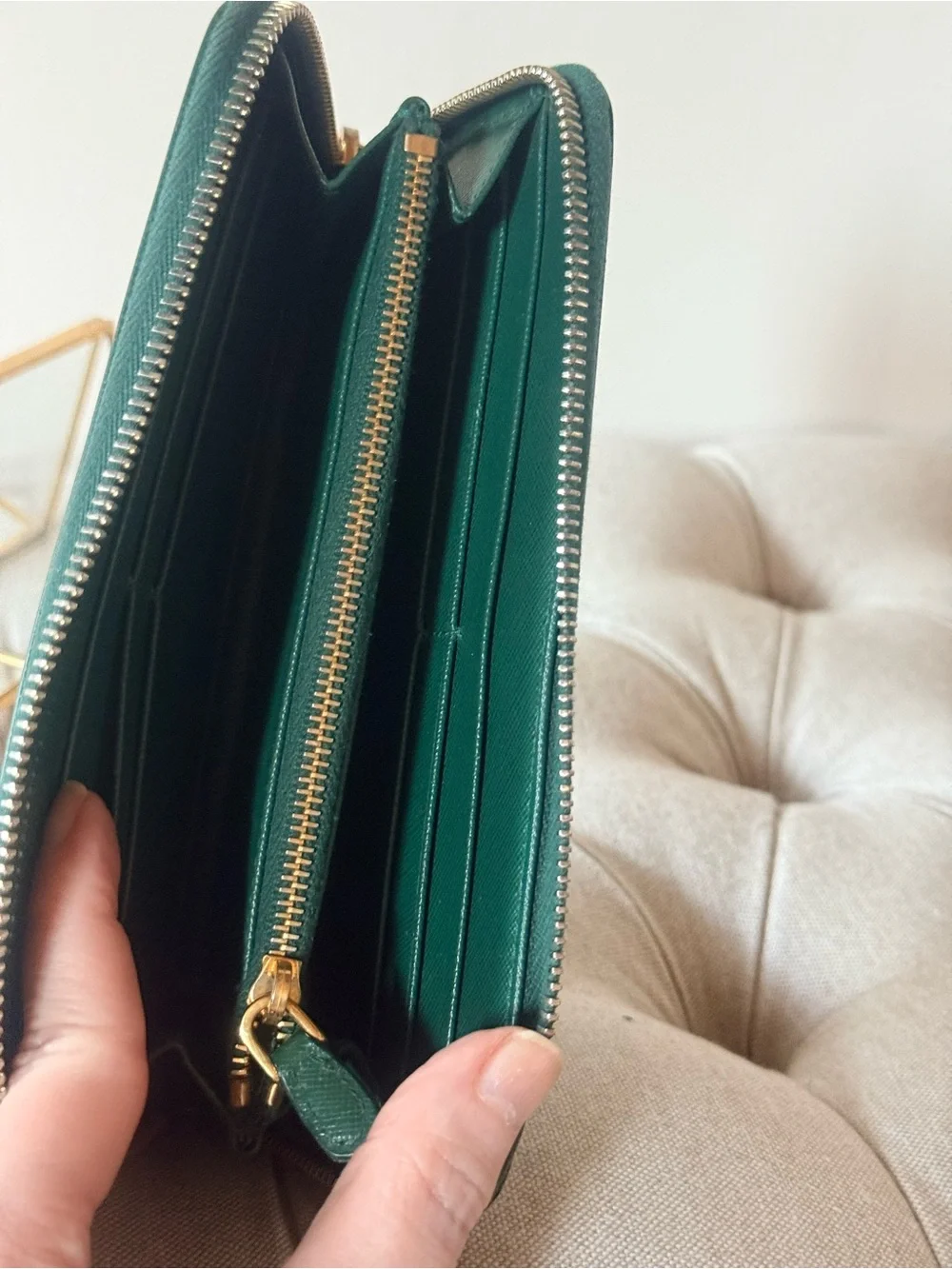 PRADA Emerald Green Saffiano Leather Zip Around Wallet Long Continental